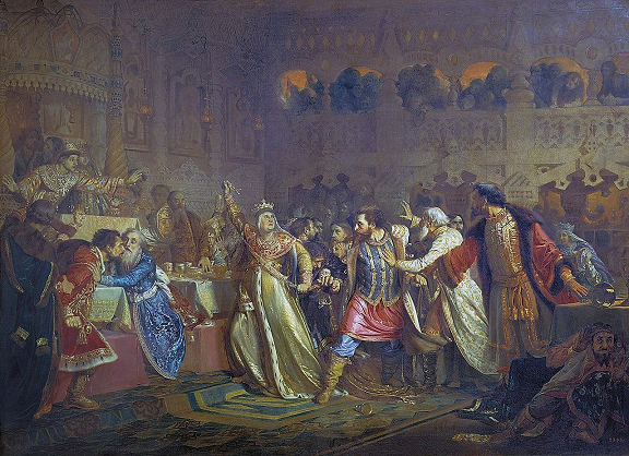 Mariage de Vassili II de Moscou - Sophie de Lituanie - mre de Vassili II - retire la ceinture d'or de Vassili le Loucheur - peint en 1861
